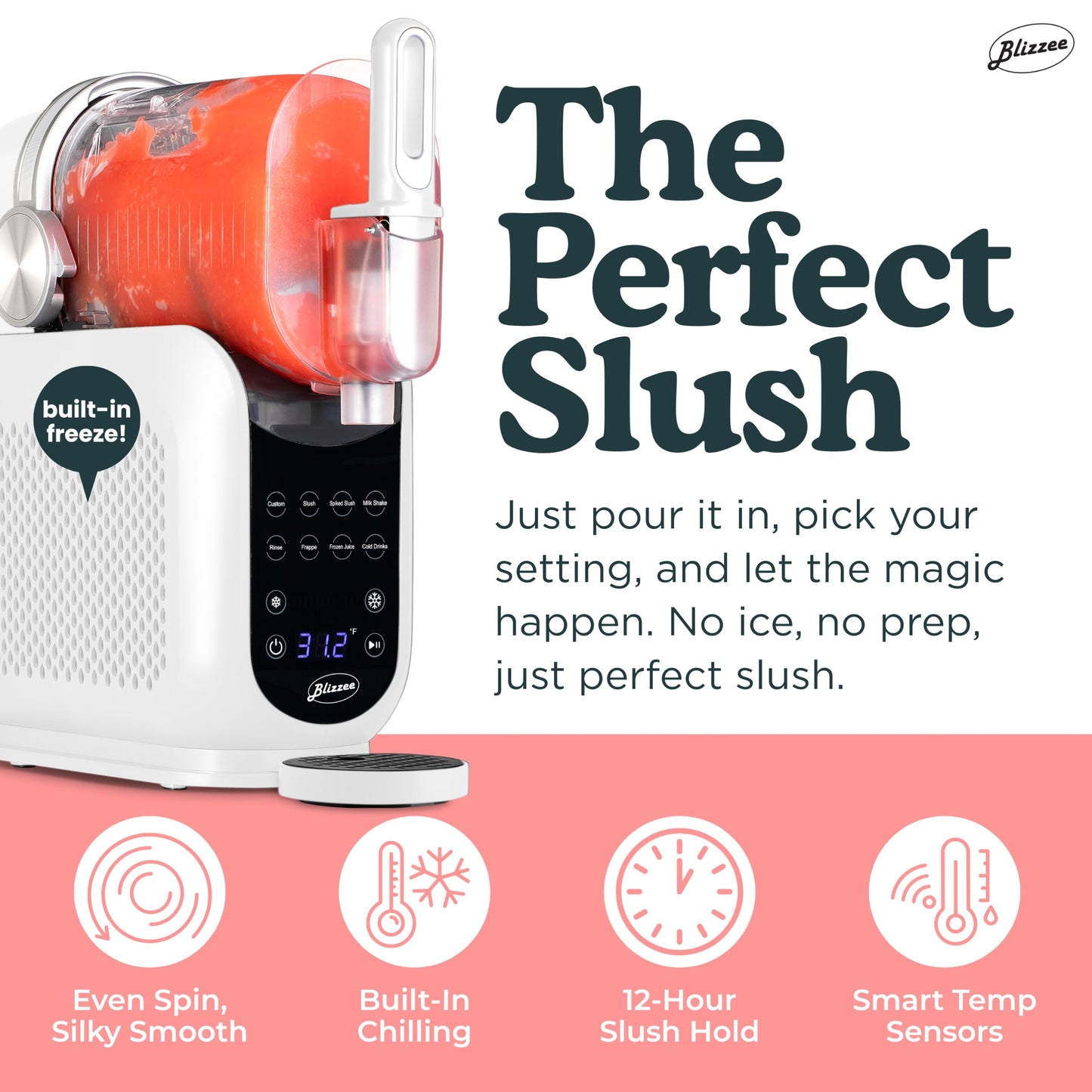 BLIZZEE Slushie Machine for Home 64 oz | Frozen Drink Machine with 6 Preset Programs | No Ice Needed | LED Display | Perfect for Milkshakes, Margaritas, Smoothies, Frappes and More [White]