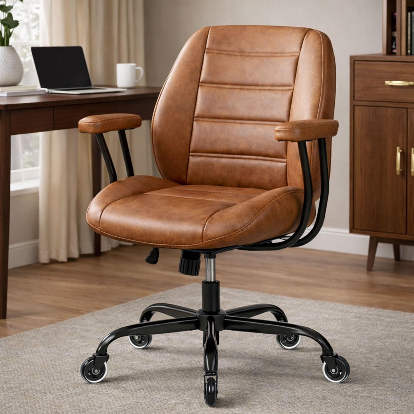 YUNSCEND Brown Leather Office Chair with Quiet Rubber Wheels and Lumbar Support, Mid-Back Ergonomic Desk Chair with Removable Armrests, Height Adjustable Computer Chair for Home Office