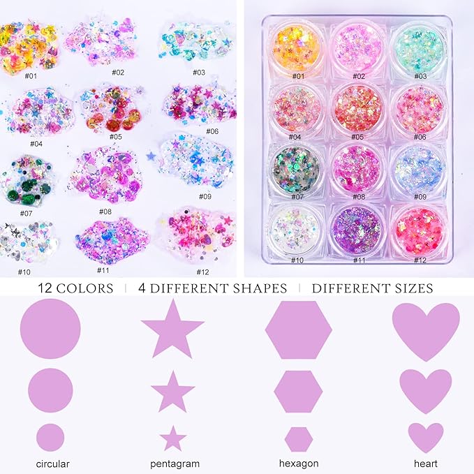 Ownest 12 Colors Holographic Chunky Glitter Gel Set, Christmas Party Makeup Face Body Eye Lips Hair Nail Cosmetic Festival Chunky Glitter Eyeshadow, Mixable, No Need Glue