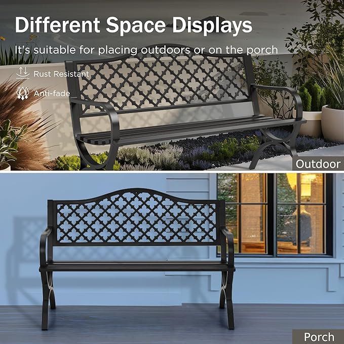 PHI VILLA 50" Garden Metal for Outdoors Weatherproof 2-Person Steel Furniture for Garden, Patio, Porch, Black