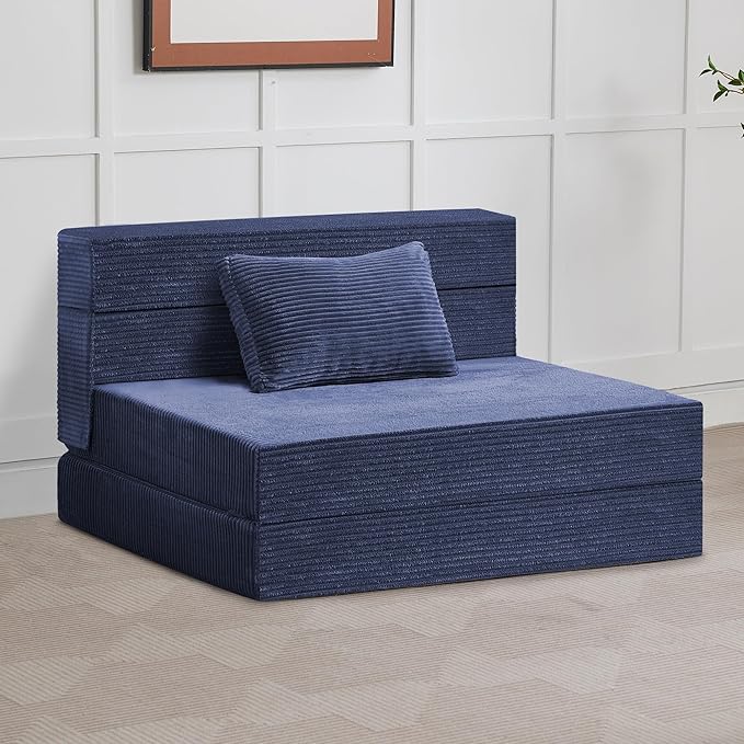 WUTUTUEE Folding Sofa Bed Convertible Floor Couch Foldable Chair Bed with Pillow，Linen Sleeper Chair Futon,Foldable Memory Foam Mattress for Bedroom/Living Room/Dorm/Office (Corduroy Navy, Standard)