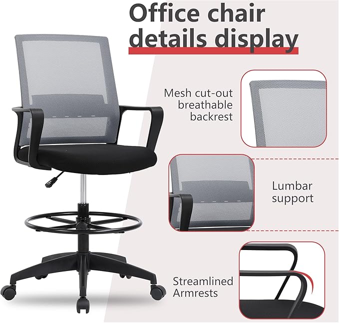 BestOffice Drafting Chair Tall Office Chair Adjustable Swivel Rolling Mesh Height with Lumbar Support Arms Footrest Mid Back for Adults Standing Desk Drafting Stool (Ashy)