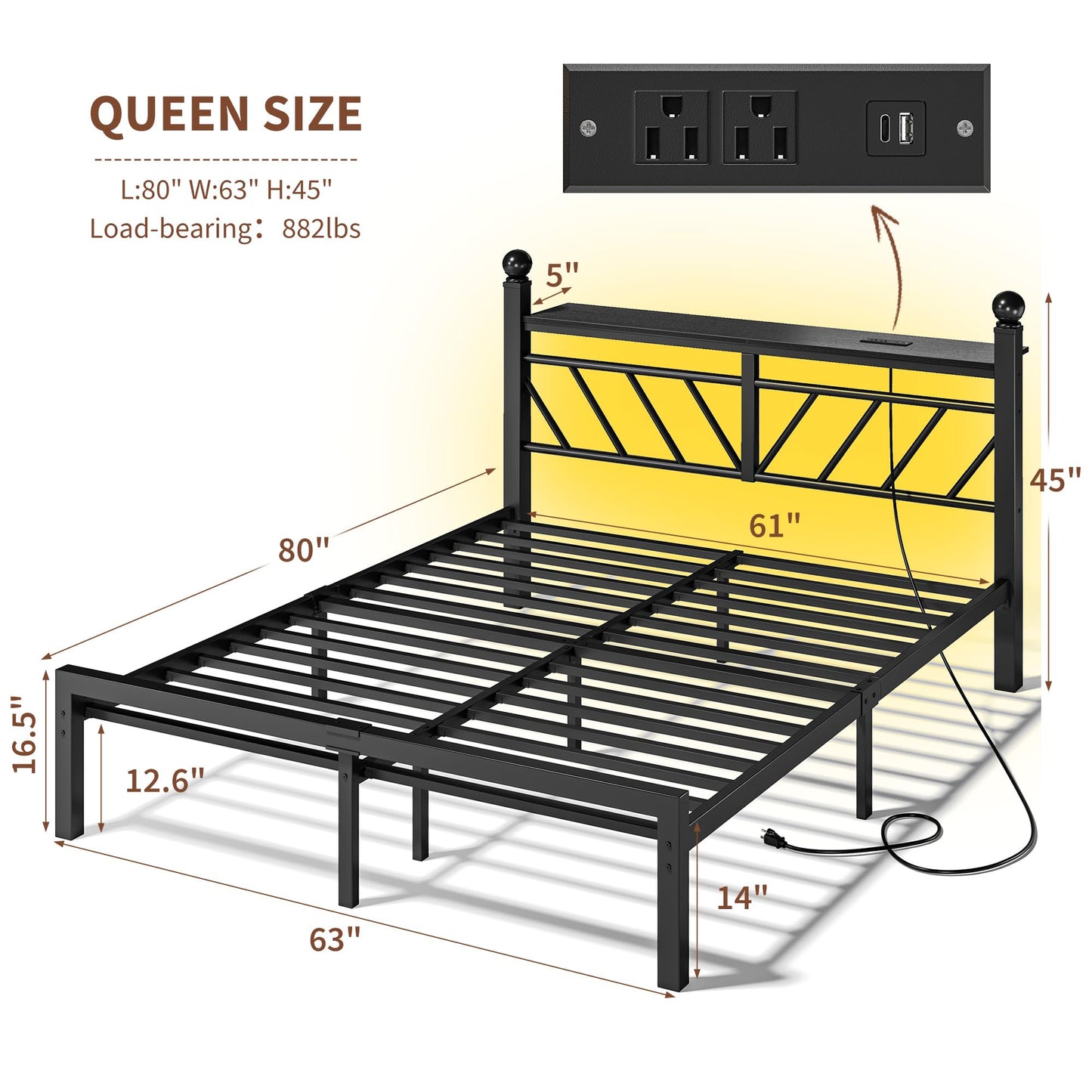 Homkdom Metal Bed Frame Queen Size with LED Lights and Charging Station, Queen Bed Frame with Headboard and Footboard with Storage Shelves and Under Bed Storage, No Box Spring Needed, Noise Free,Black