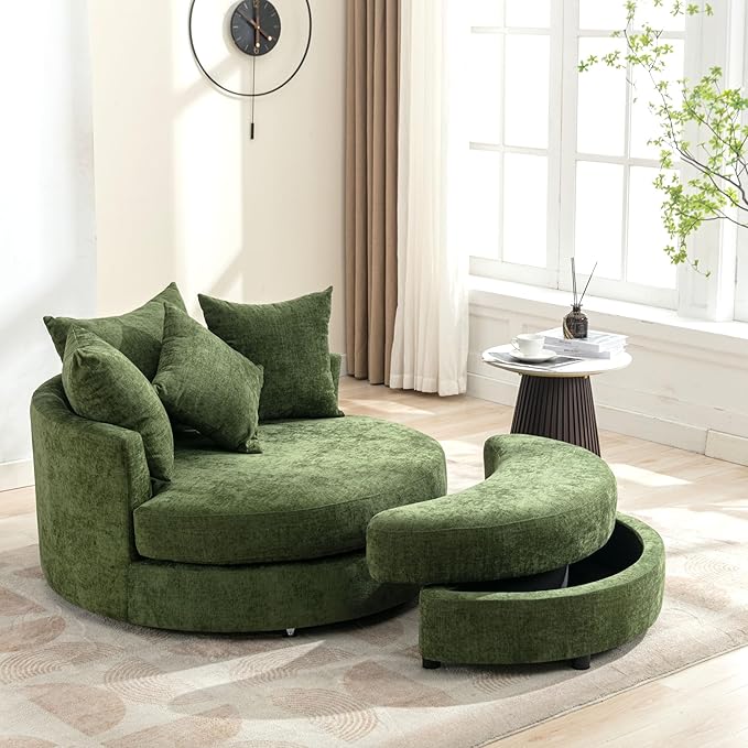 Yoglad Oversized Round Swivel Accent Chair - Modern 360 Degree Barrel Chairs with Storage Ottoman, for Living Room, Bedroom(Chenille - Green)