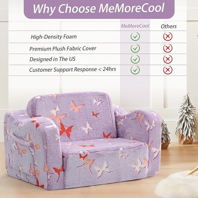MeMoreCool Toddler Chair Comfy 1-3 Years Old, Kids Couch for Playroom, Convertible Glowing Butterfly Flip Out Sofa, Kids Furniture Floor Recliner Chair Bed
