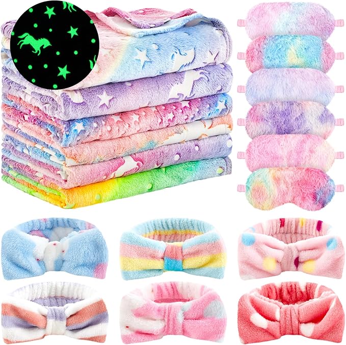 Fanfanwin 18 Pcs Sleepover Party Supplies, 6 Glow in The Dark Unicorn Blanket 6 Coral Fleece Headband 6 Plush Eye Mask Cov...