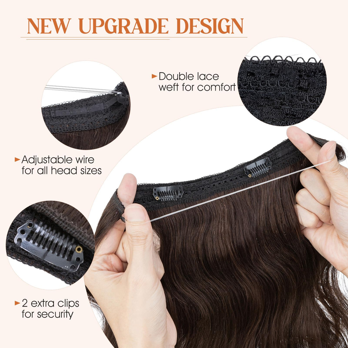 S-noilite Wavy Halo Hair Extensions Real Human Hair,16Inch Invisible Wire Hair Extensions,2 Clips Halo Extensions for Women(Dark