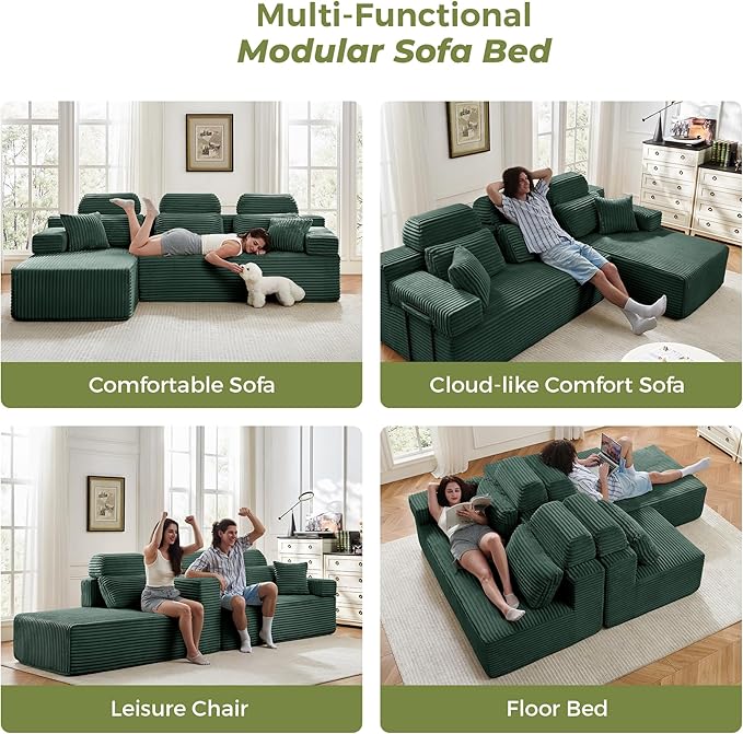 104" L-Shaped Cloud Modular Sectional Sofa with Chaise & Headrest, Boneless Deep Seat Plush Corduroy Couches for Large Living Room, No Assembly Required (Green, 104" L-shapred Chaise)