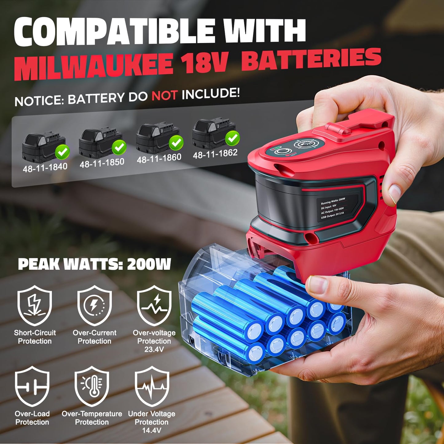 2Pcs 200W Power Inverter For Milwaukee, Livowalny Dc 18V To Ac 110-120V Battery Inverter, Portable Battery Adapter Phone Charger