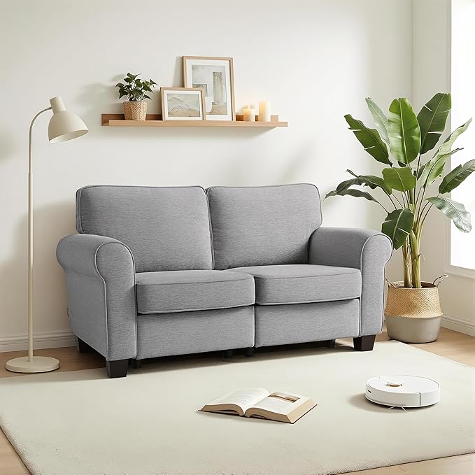 MCombo 67.7" Loveseat Sofa, 2-Seater Small Couch for Small Spaces, Classic Rolled Arm Upholstered Sofa with Solid Wood Legs for Living Room, Removable Cover, Chenille Fabric VE730 (Light Grey)