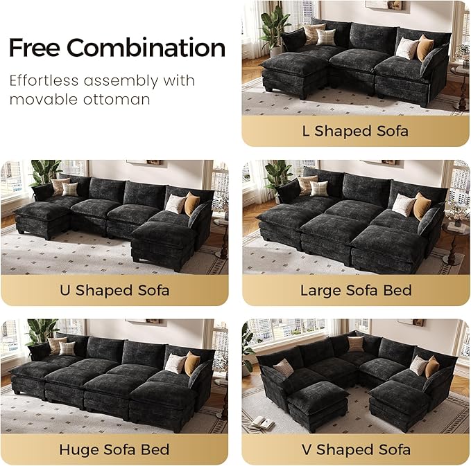 KKL 120" Modular Sectional Sofa, Large V Shape 7 Seater Convertible J/L/U-Shaped Modern Sectional Couch with Ottoman, Chenille Sectional Couches for Living Room, Apartment, Black