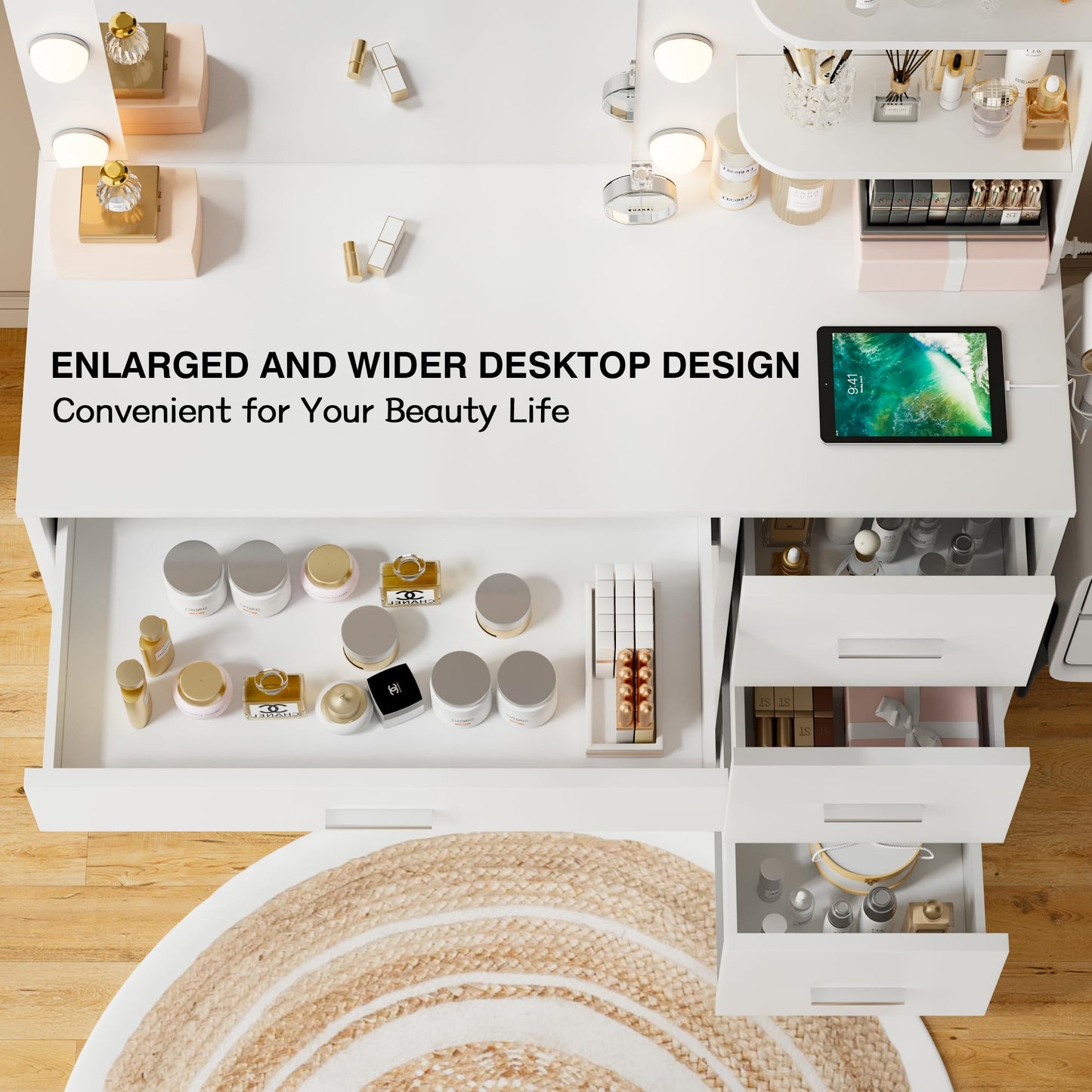 YESHOMY Vanity Desk with Mirror, 10 Lights, Power Outlet and 3 Storage Shelves, Makeup Table with 4 Drawers, 3 Color Modes, for Bedroom, White