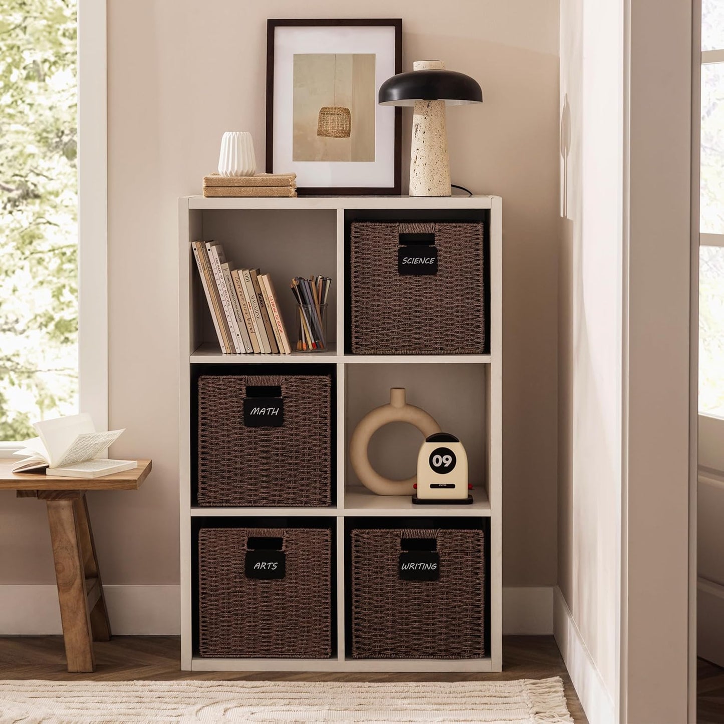 UBBCARE 4 Pack Wicker Basket, 13×13 Storage Cubes with Label, Foldable Cube Storage Bin with Handle, Square Storage Basket for Shelves, Woven Paper Rope Basket for Organizing, Brown
