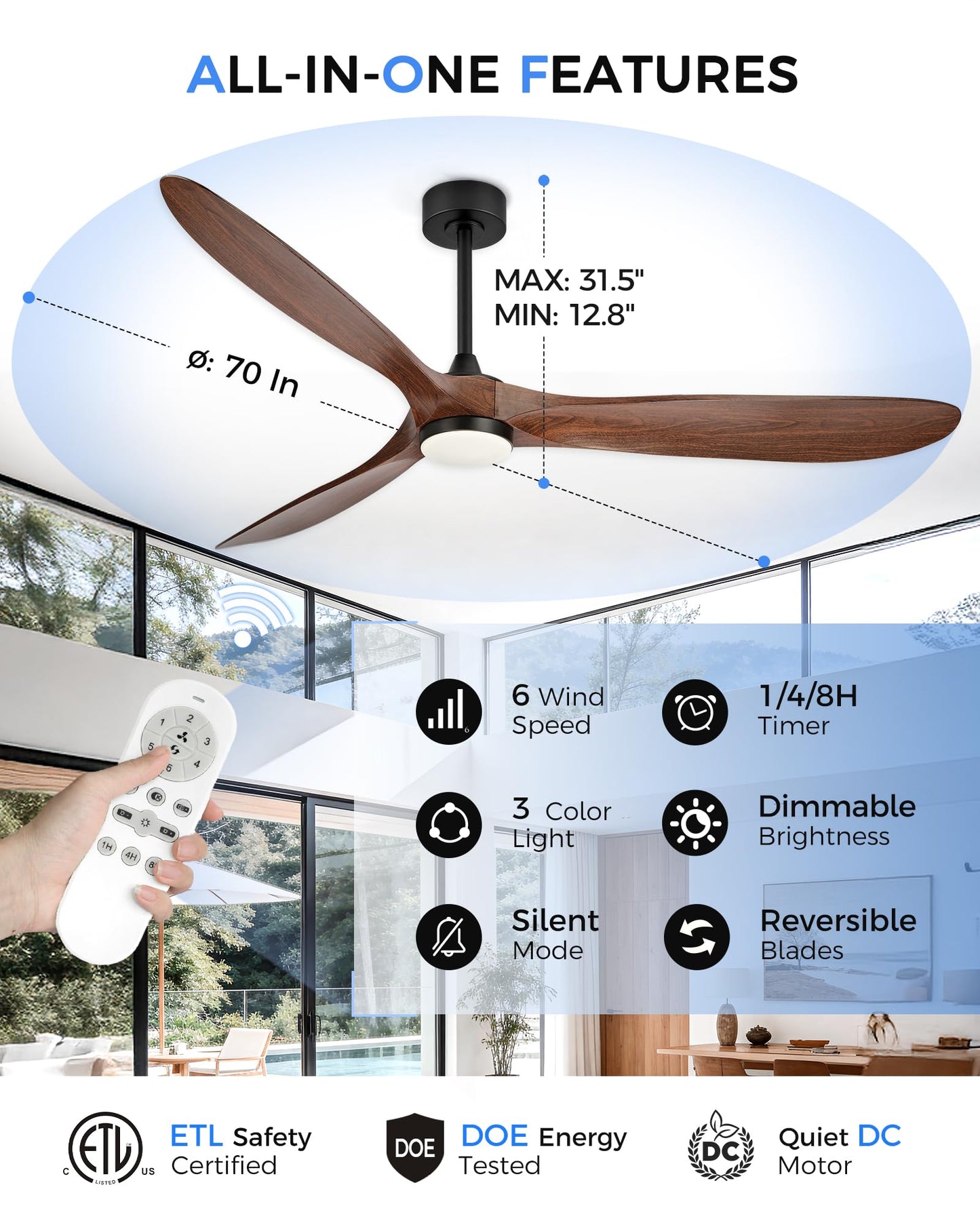 JAZAVA 70 Inch Modern ABS Ceiling Fan with Lights and Remote, DC Motor Large Ceiling Fan, 3CCT Dimmable LED Indoor Outdoor Ceiling Fan for Living Room, Patio & Covered Porch, ZCCF08WD-70
