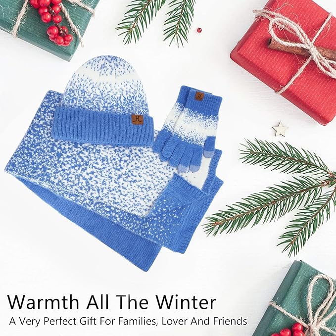 Womens Winter Knit Beanie Hats and Touchscreen Gloves Long Scarf Set with Warm Fleece Lined Skull Caps Scarves for Women