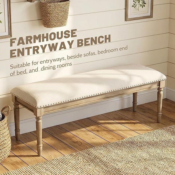 chairus Farmhouse Dining Bench 46" Wooden Entryway Bench with Padded Seat and Nailhead Trim for Kitchen Bedroom,Indoor and Hallway, Beige Linen