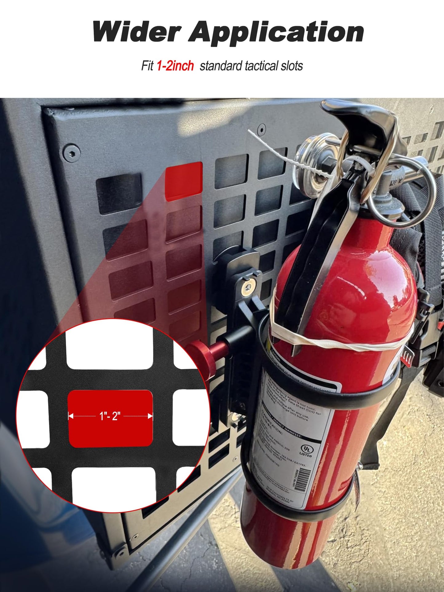 NILKATSS MOLLE Fire Extinguisher Mount Kit - Quick Release Bracket for Tactical Panels, Trucks & Vehicles, Fits 1-2" Slots/Holes - Rigid MOLLE Plate Holder for Fire Extinguisher & Gear Accessories