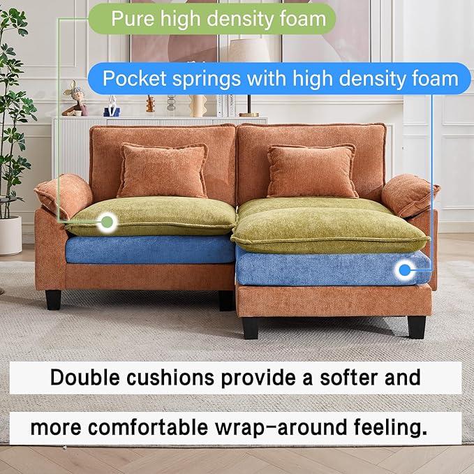 Oprisen 86" Modular Sectional Sofa, Comfy Cloud Couch Sectional Sofa with Ottoman, Chenille Sofa Sleeper Deep Seat Sofa with Throw Pillows for Living Room (Orange, 86"- L Shape)