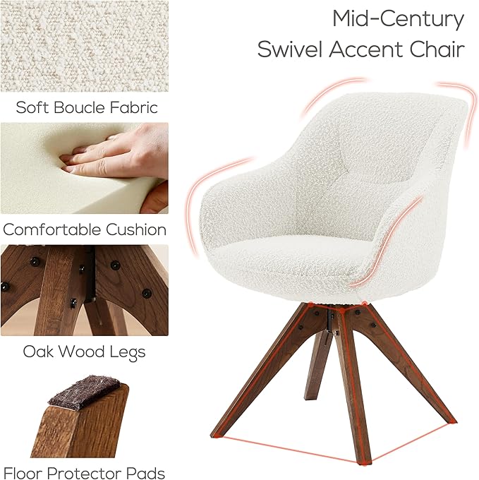Art Leon Dining Chair, Mid Century Modern Boucle Fabric Upholstered Swivel Dining Room Chair with Oak Wood Legs, Leisure Side Chair with Arms for Living Room, White