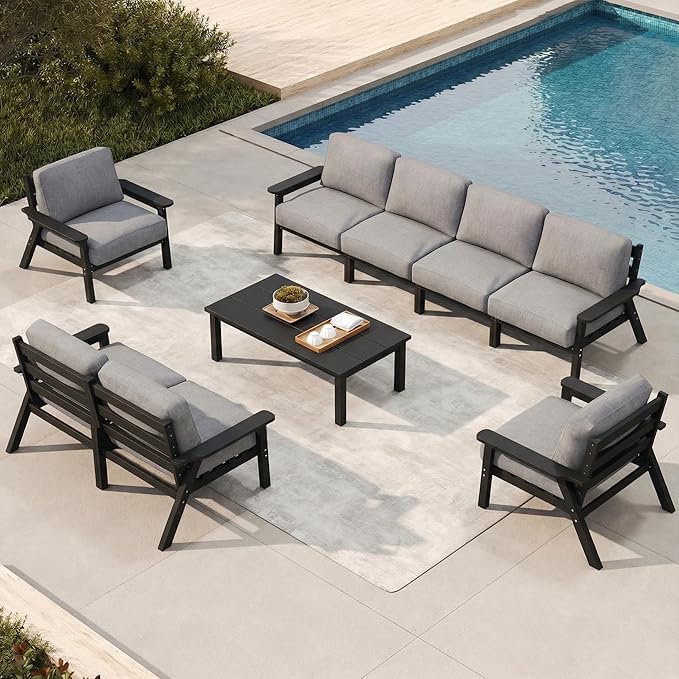 Patio Kingdom Patio Furniture Set 8 Seats, HDPE Outdoor Sectional with Gray Washable Thick Cushions, Coffee Table, Patio Conversation Sets for Lawn, Garden, Porch, Balcony, Deck (Black Frame)