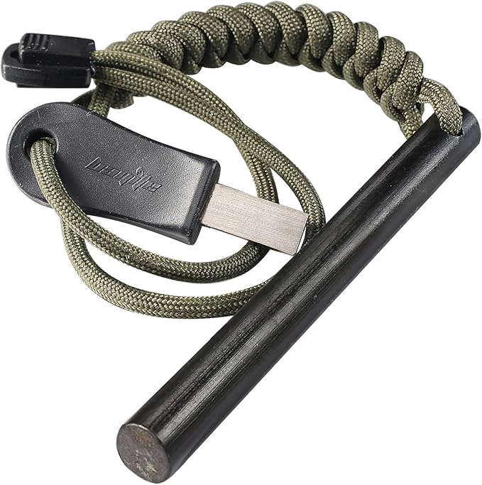 bayite 4 Inch Survival Ferrocerium Drilled Flint Fire Starter, Ferro Rod Kit with Paracord Landyard Handle and Striker, ...