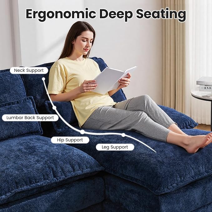 125" U Shaped Cloud Modular Sectional Couch for Living Room, Small Comfy Sherpa Sofa with Double Chaise Lounge, Storage Central Console, Cup Holders, USB Port, Navy