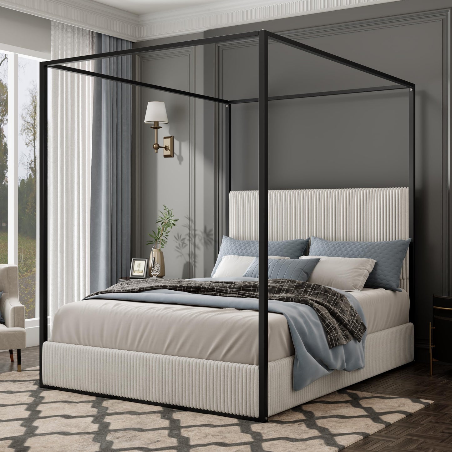 Merax Modern Luxury Queen Metal Canopy Bed with Tall Upholstered Headboard, Gold Four Poster Bed, No Box Spring Needed, White