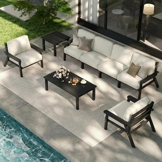 Patio Kingdom 7 Piece Patio Furniture Set, HDPE Outdoor Sectional with Beige Washable Thick Cushions, Coffee Table & Side Table, Patio Conversation Sets for Lawn, Garden, Porch, Balcony (Black Frame)