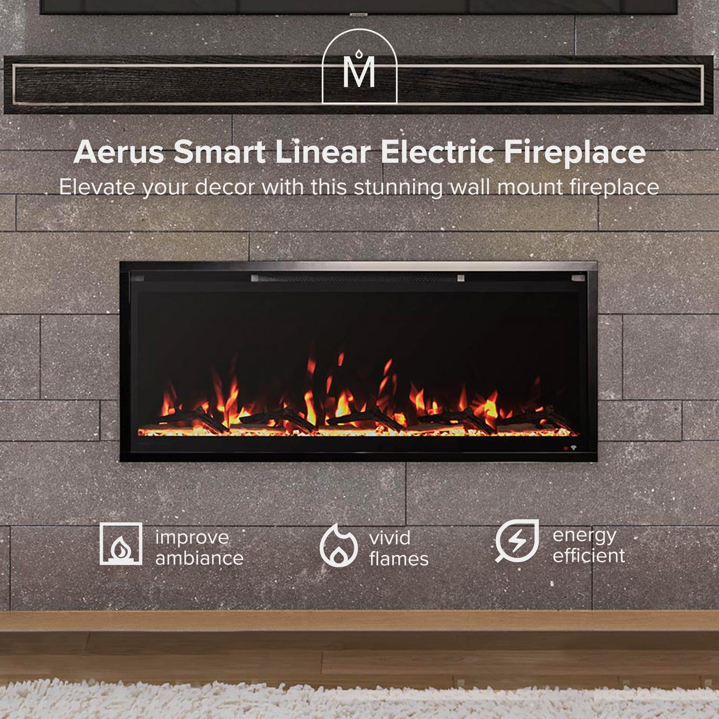 Modern Ember Aerus Slim 42 Inch Smart Linear Electric Fireplace | Recessed in-Wall or Wall-Mount | LED Multiple Flame Colors | Alexa/WiFi Enabled | 4.25” Profile | Remote Included