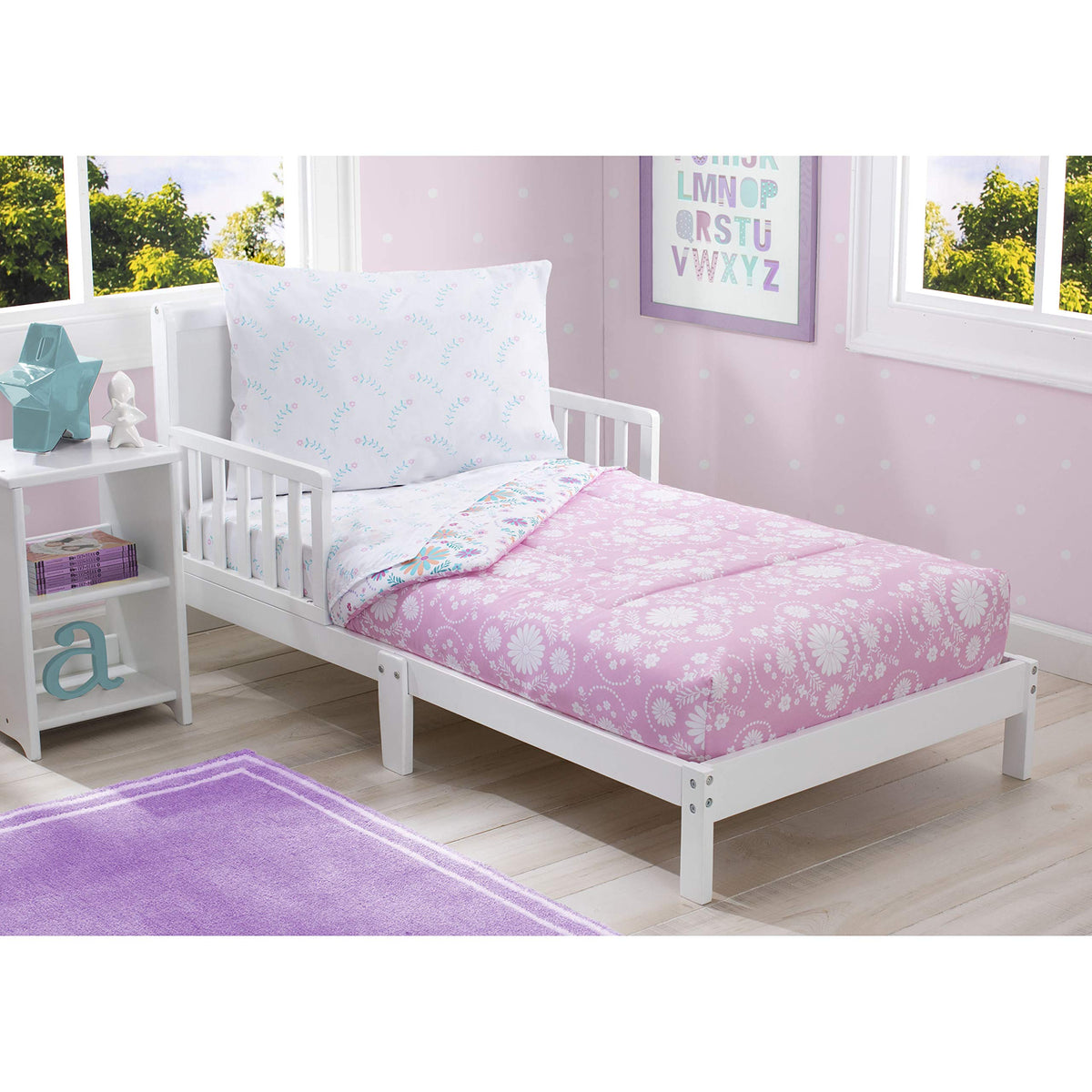 Delta Children 4 Piece Toddler Bedding Set for Girls - Reversible 2-in-1 Comforter - Includes Fitted Comforter to Keep Little Ones Snug, Bottom Sheet, Top Sheet, Pillow Case - Pink Bohemian