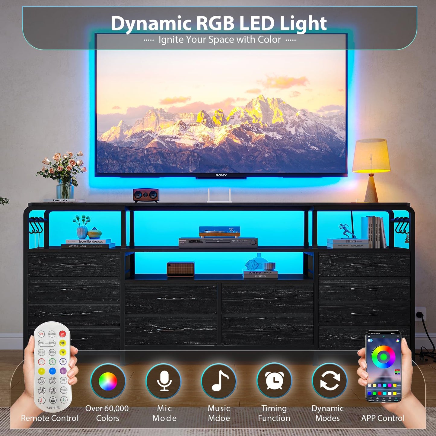 Dnxao 63 inch TV Stand Dresser for Bedroom - Black TV Stand with 12 Drawers, LED Lights & Charging Station | Dresser TV Stand with Storage, Open Shelves | Fits 55-70" TVs