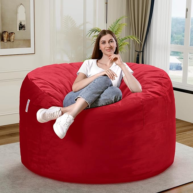 HABUTWAY Bean Bag Chair 3Ft Luxurious Velvet Ultra Soft Fur with High Rebound Memory Foam Bean Bag Chairs for Adults Plush Lazy Sofa with Fluffy Removable Sponge 3' (Red)