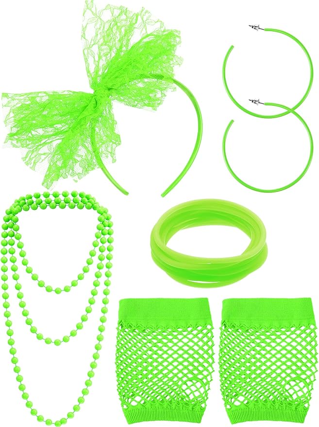 Blulu 80s Costume Accessories for Women Lace Headband Earrings Fishnet Gloves Necklace Bracelet for 80s Retro Party