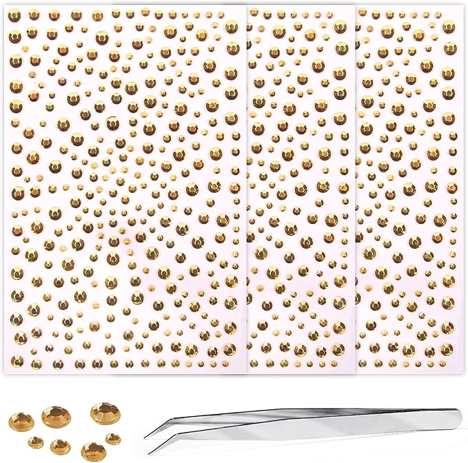 Self Adhesive Face Gems and Pearls for Makeup, Festival Jewels, Hair Gems, Rhinestone Stickers for Face, Eye, Makeup, Nail, Body, Crafts 3/4/5/6 mm 975Pcs (25.gem_Gold)
