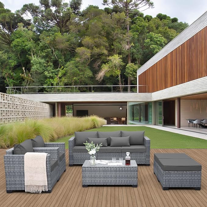 Lviden 6 Pieces Wicker Patio Furniture Sets Outdoor Conversation Set HDPE Rattan Sectional Sofa Couch with Storage Table and Grey Cushions