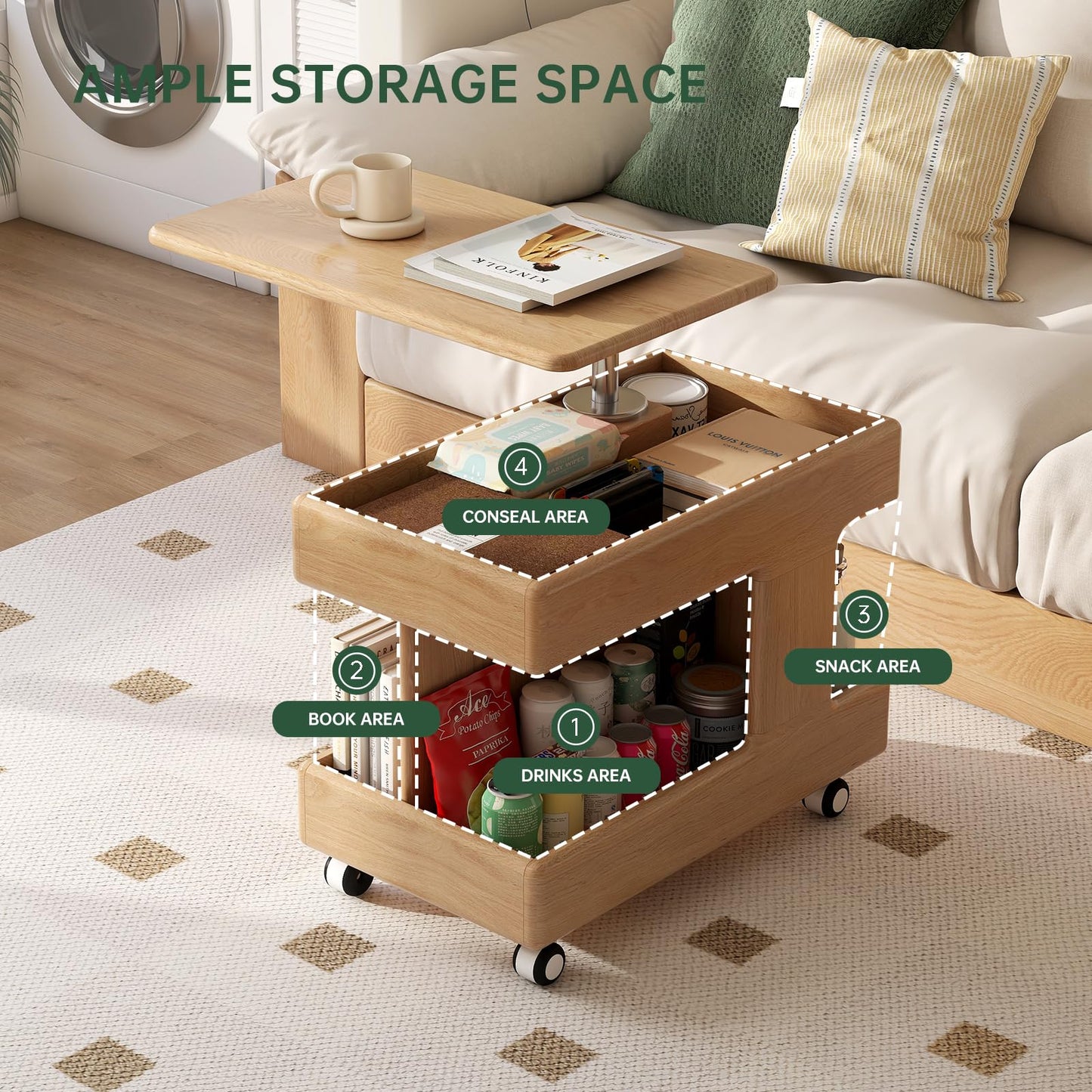 Vadisun 100% Solid Wood Lift Top Coffee Table, Small Bedside Table with Rolling Wheels, Adjustable Side Table for Dining Room, Recliner and Small Places(Natural, Fully Assembled Furniture)
