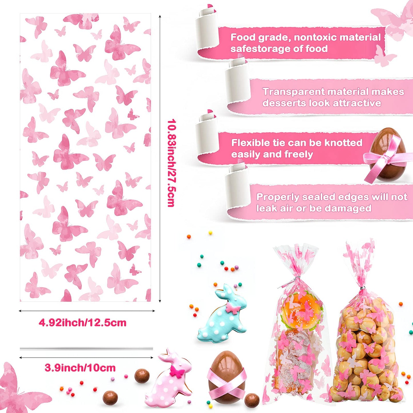 Zonon 100 Pieces Butterflies Cellophane Goody Bags Plastic Candy Treat Bags with 100 Pieces Silver Twist Ties for Butterfly Theme Baby Shower Birthday Party Dessert Decors(Pink)