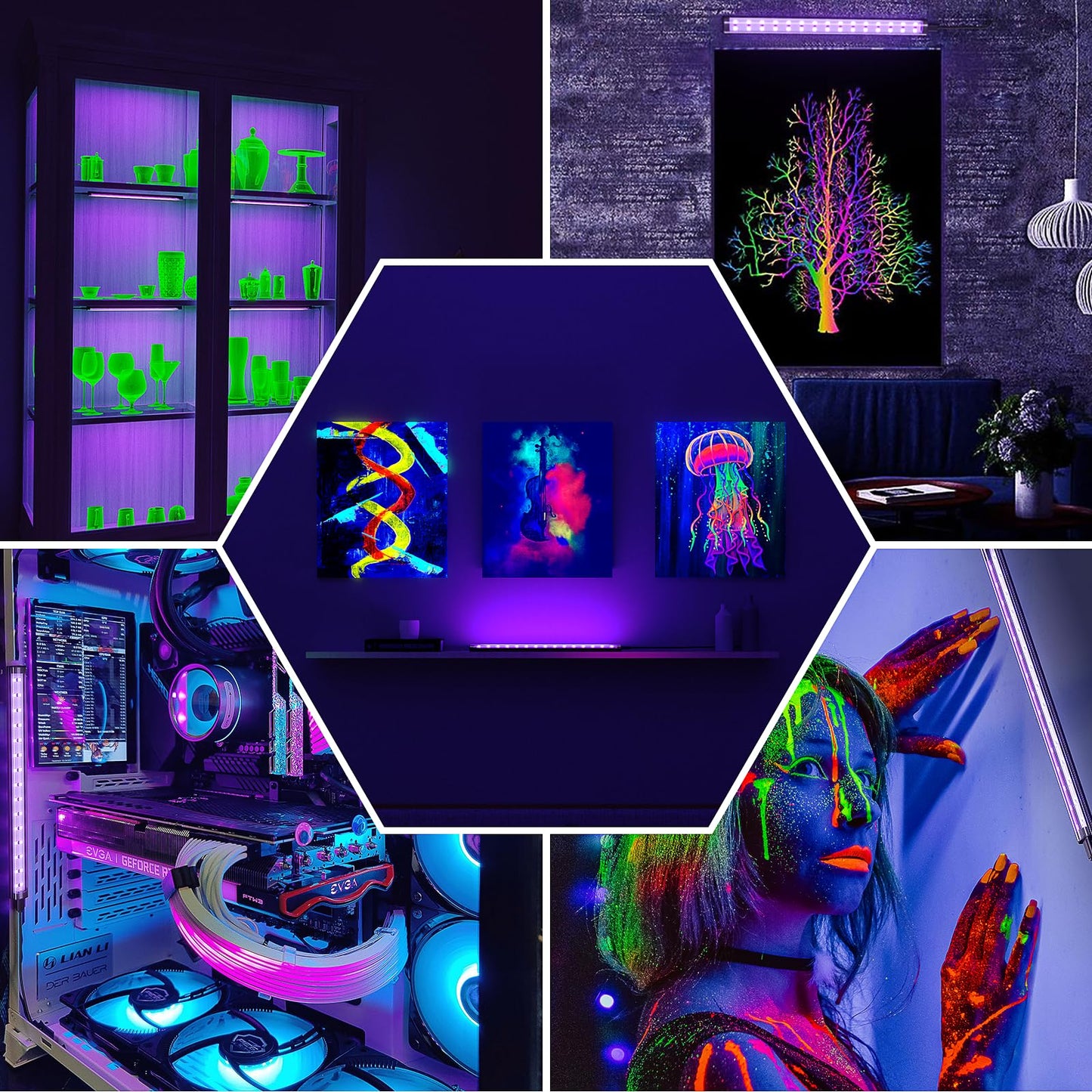Onforu 4 Pack 10W LED Black Light Bar, 1ft, USB Blacklight Tube, Blacklight Bars with Switch, Black Light for Fluorescent Tapestry Poster, Cabinet, Glow Party, Halloween, Classroom, Body Paint