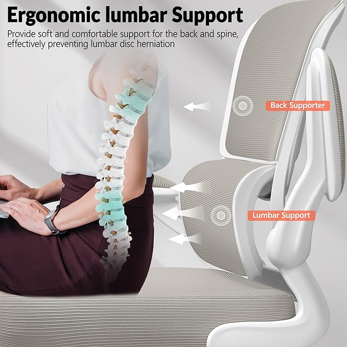 BESTFAIR Office Chair Ergonomic Desk Chair, Breathable Mesh Comfy Chair with Lumbar Support, Computer Chair, Home Desk Chair with Flip-up Armrests, Gaming Chair for Adults Home Office (LightGray)