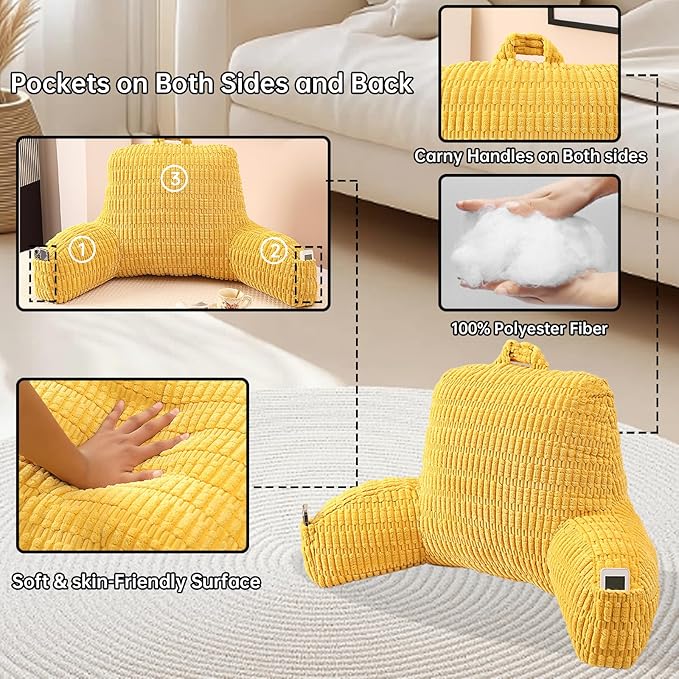 PAJEO Reading Pillow for Sitting in Bed, Large Backrest Reading Pillow with Arm Rest,Back-Rest Support Cushion for Sit Up on Couch, Sofa, and Floor, Dorm Essentials (Yellow Corduroy, Large(19"))