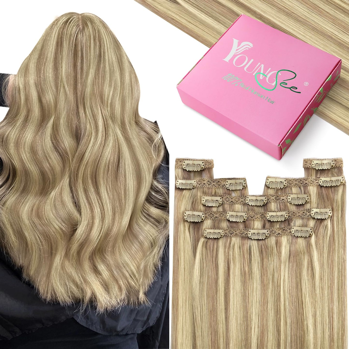 YoungSee Clip in Human Hair Extension Highlight Clip in Hair Extensions Human Hair Warm Ash Blonde Highlights Bleach Blonde Thic