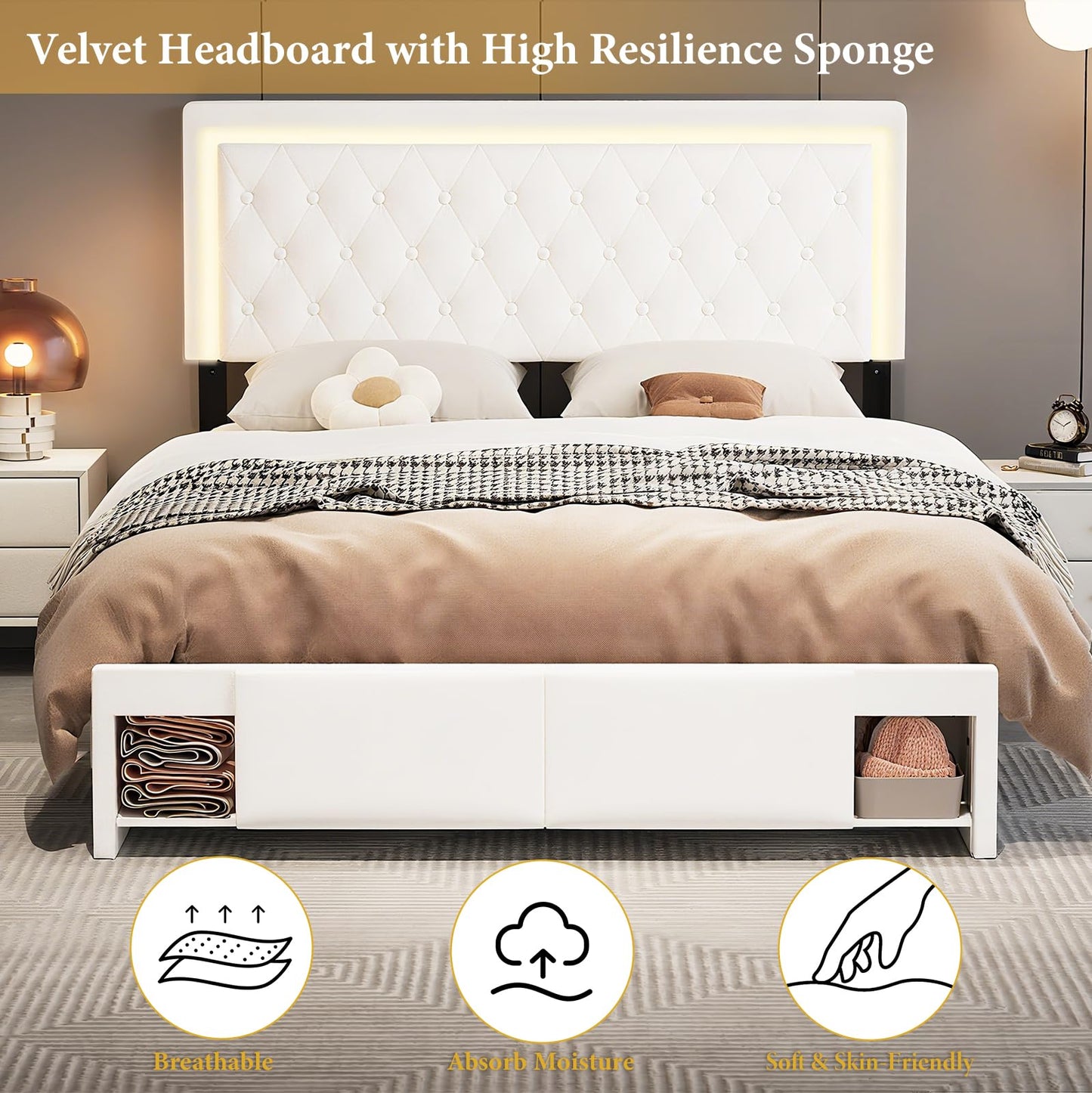 Queen Bed Frame with Sliding Barn Door Storage Cabinets,Bed Frame Queen Size Button Tufted Platform with Adjustable Comfortable Headboard,LED Lights,Charging Station,Solid Wooden Slats,Noiseless