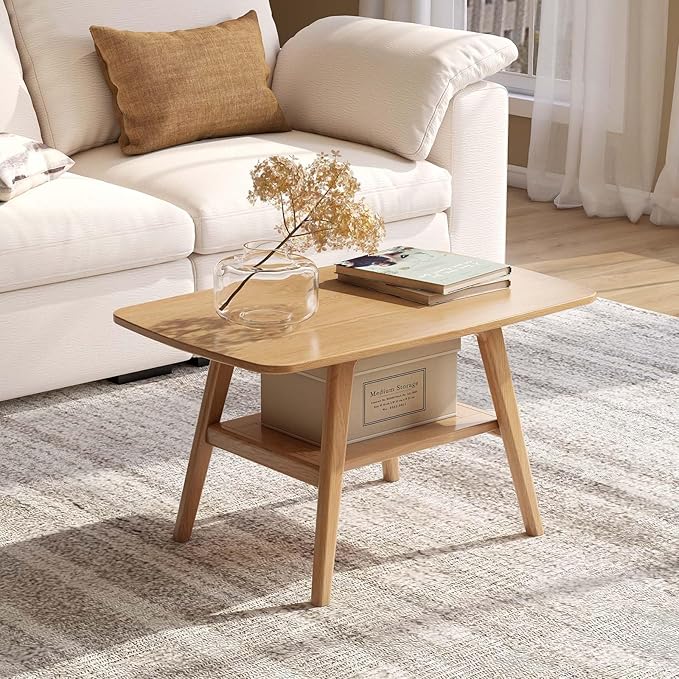 Wayshome 100% Solid Oak Wood Coffee Table for Living Room, Small Table with Shelf Storage, Mid Century Modern Coffee Tables with Rounded Corners for Home (Natural, 31.49" x 19.68" x 17.32")