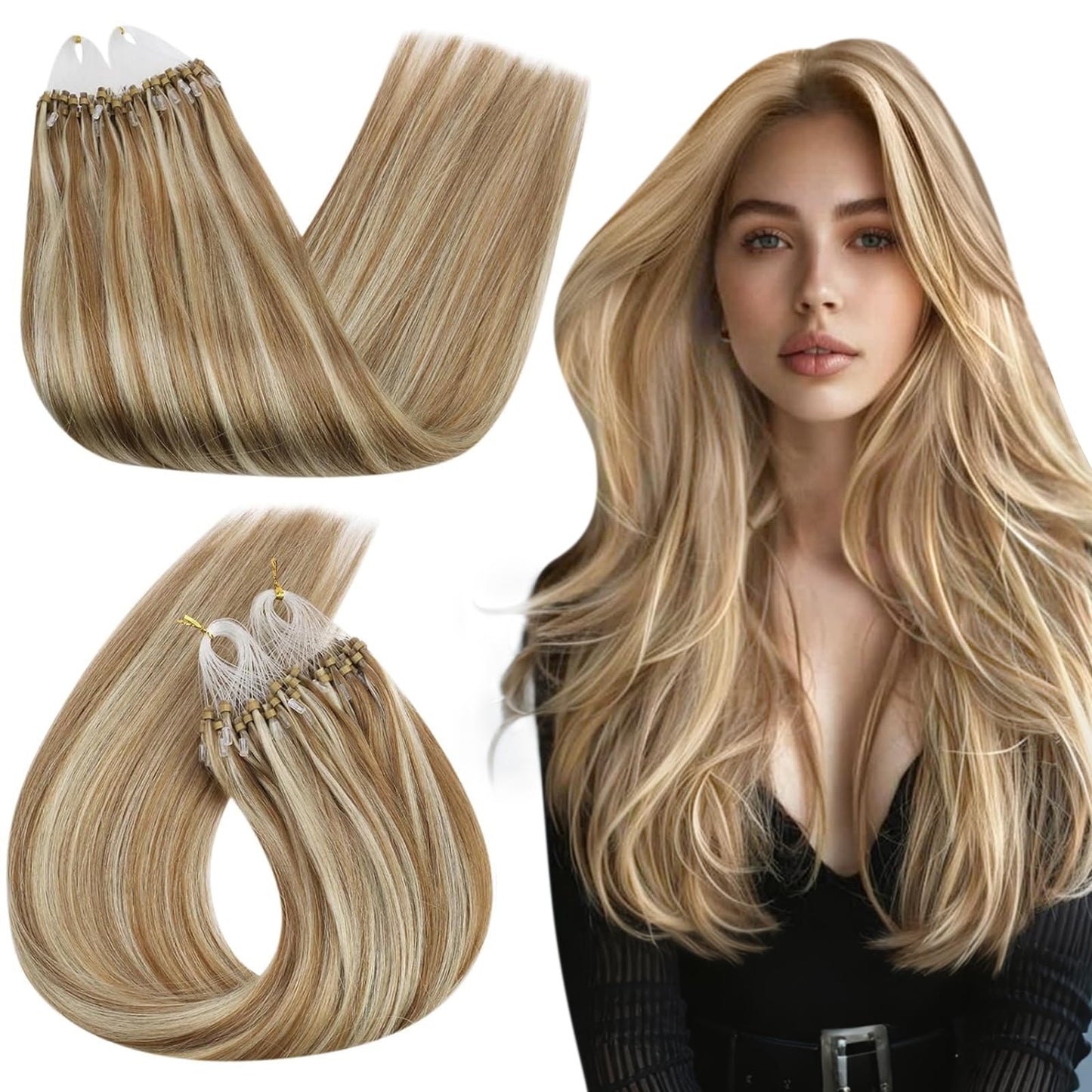 Ugeat Micro Beads Hair Extensions Golden Brown Highlights Bleach Blonde Micro Loop Hair Extensions Bleach Blonde Micro Rings Hai