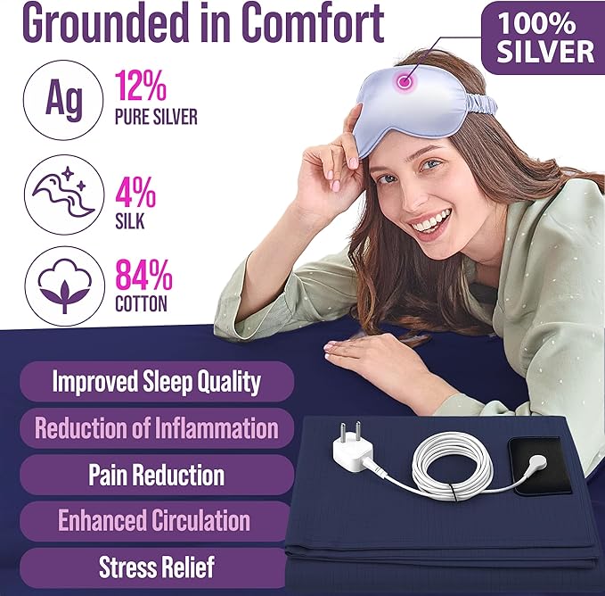 Earth Grounding Sheets Queen Size with 12% Silver Fiber & 4% Silk & 84% Cotton - Dark Blue - SGS Quality Certified Grounded Well Bed Sheet - Conductive Fitted Sheet for Better Sleep