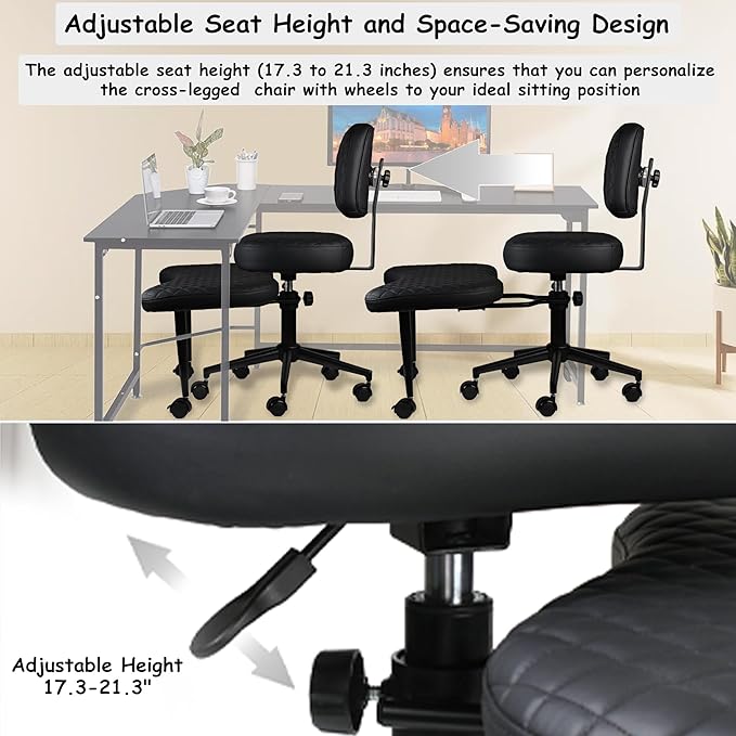 Meditation Chair Cross Legged Chair with Wheels Criss Cross Chair ADHD Desk Chair for Adults with Back Support Wide Squatting Kneeling Chair Adjustable Height for Office, Home, Yoga (Black)