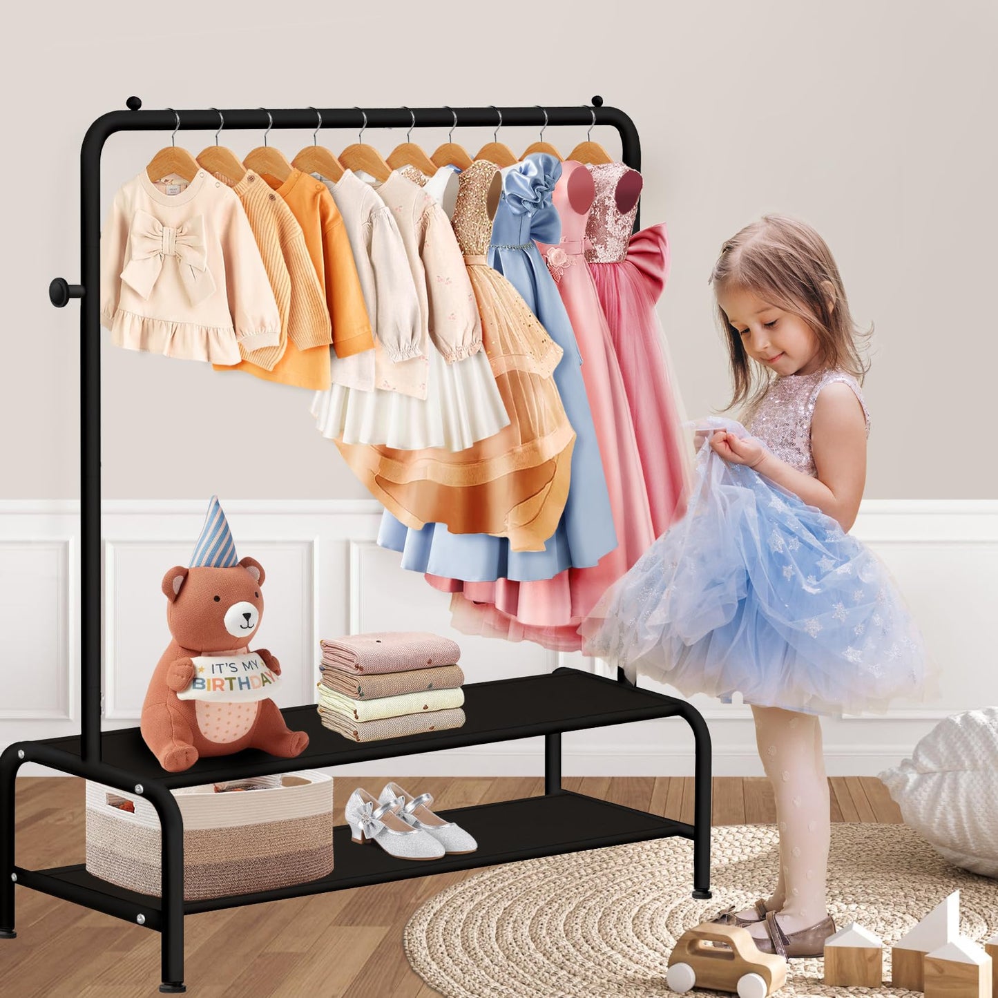 mirolam Kids Clothing Rack - Small Garment Rack - Small Kids Costume Wardrobe Rack with 2 Fabric Floors Storage Shelf - Mini Short Baby Toddler Clothes Rack