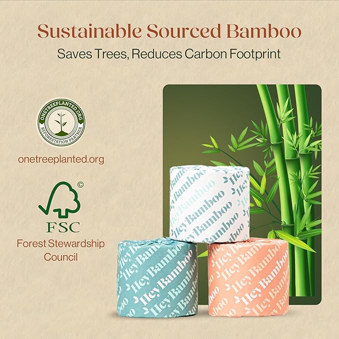 12 - HeyBamboo 100% Bamboo 3-Ply Toilet Paper, Ubleached, Non Toxic, 12 Double Rolls, 360 Sheets, FSC Certified, Soft & Strong, Pack of 12, Plastic-Free