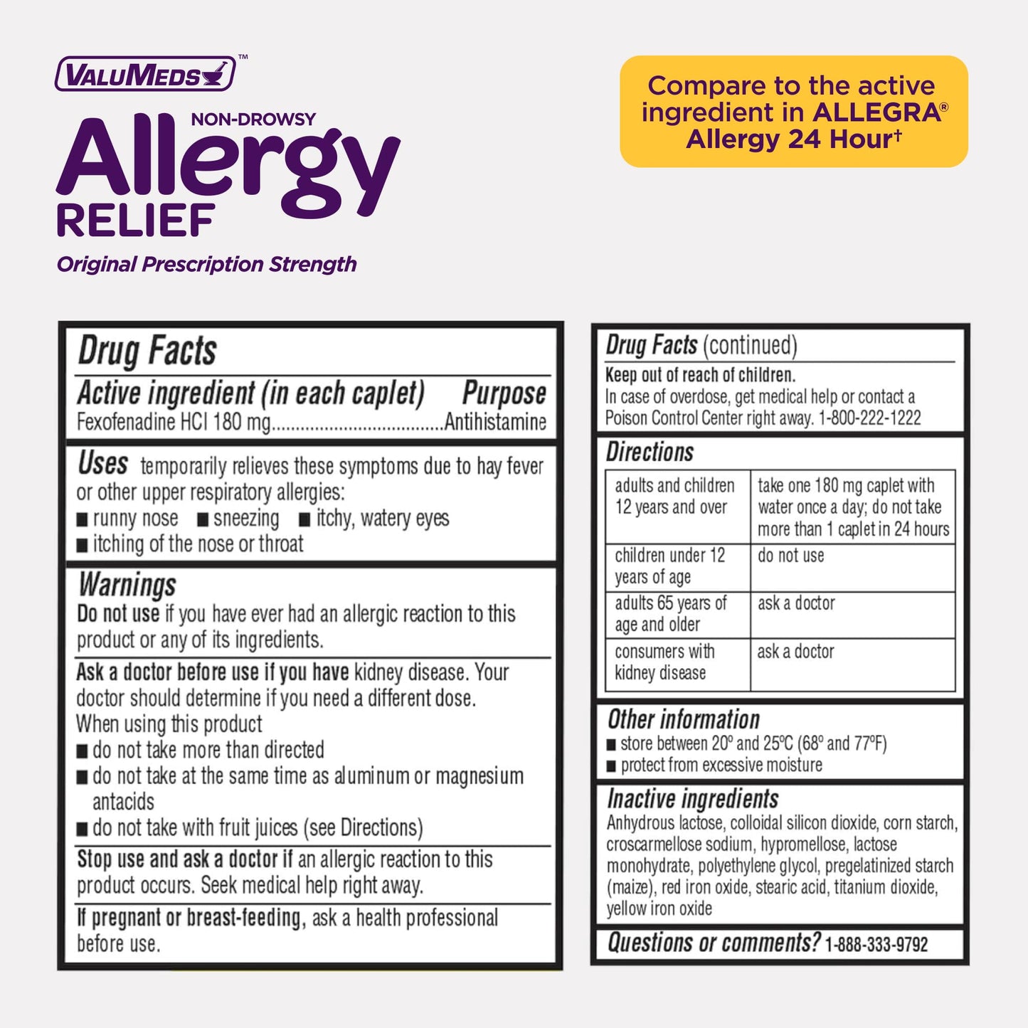 ValuMeds 24-Hour Allergy Relief Fexofenadine Hydrochloride 180mg | Non-Drowsy Antihistamine Generic Medicine for Allergies, Hay Fever, Itchy Eyes for Kids, Adults | Compare to Allegra (200-Count)