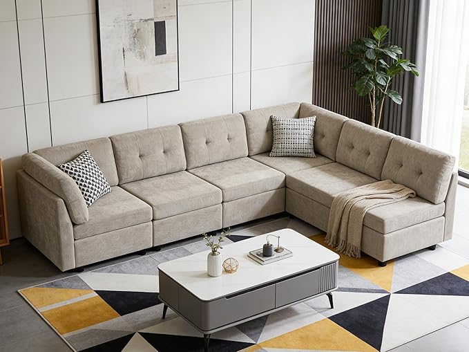 VANOMi 6 Seater Modular Cloud Sofa, 118" Convertible Sectional Cloud Sofas & Couches for Living Room, Comfy Chenille Sectional Couch Sofa for Living Room, Apartment, Office, Camel, L/U Shaped
